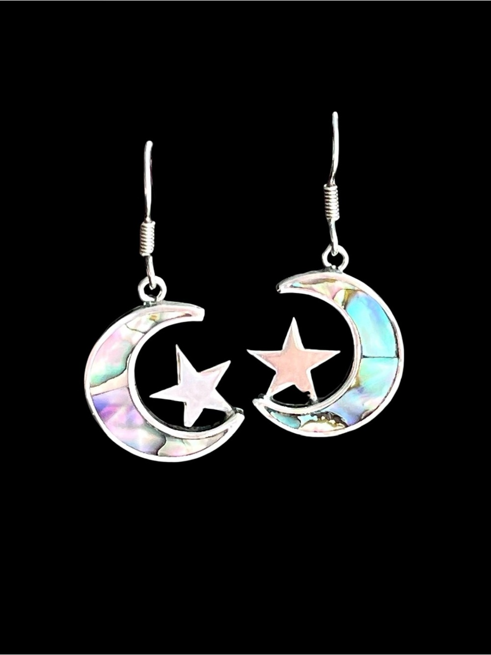 Vintage Taxco 925 Sterling Silver Abalone Crescent Moon Star Earrings TS-85